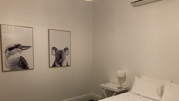 Una habitació d'hotel amb un llit, una tauleta de nit amb una làmpada i dues fotos amb quadres d'animals a la paret.