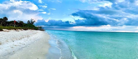 Beach nearby, sun loungers