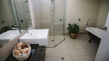 Hair dryer, towels, soap