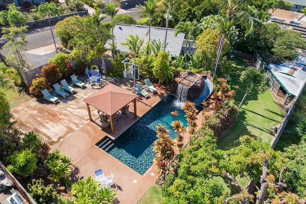 Cottage and pool area with surrounding tropical foliage