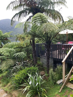 A lush garden with ferns and a wooden deck with a red umbrella. - Endeavour Inlet Paradise- Expansive sea views in sunny, private setting (Endeavour Inlet)