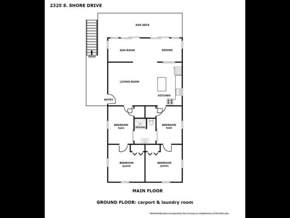A floor plan of a house at 2325 S. Shore Drive with a sun deck, sun room, dining area, kitchen, living room, two bedrooms, and an entry.