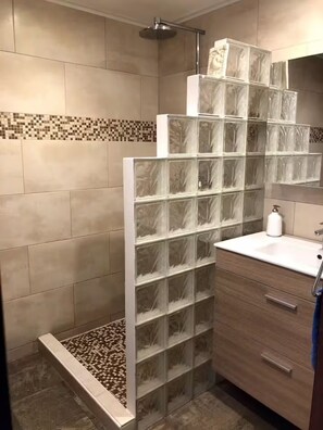 Douche, séchoir à cheveux, serviettes fournies, savon