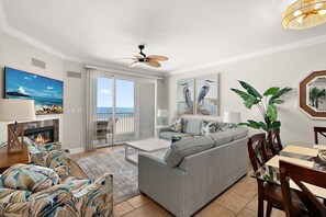 TV, fireplace, Netflix, DVD player - 🏖️  Oceanfront Boardwalk unit w/ Pool Just Renovated steps to Downtown Events 🏖️ (Ocean City)