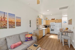 Smart TV, fireplace, books, music library