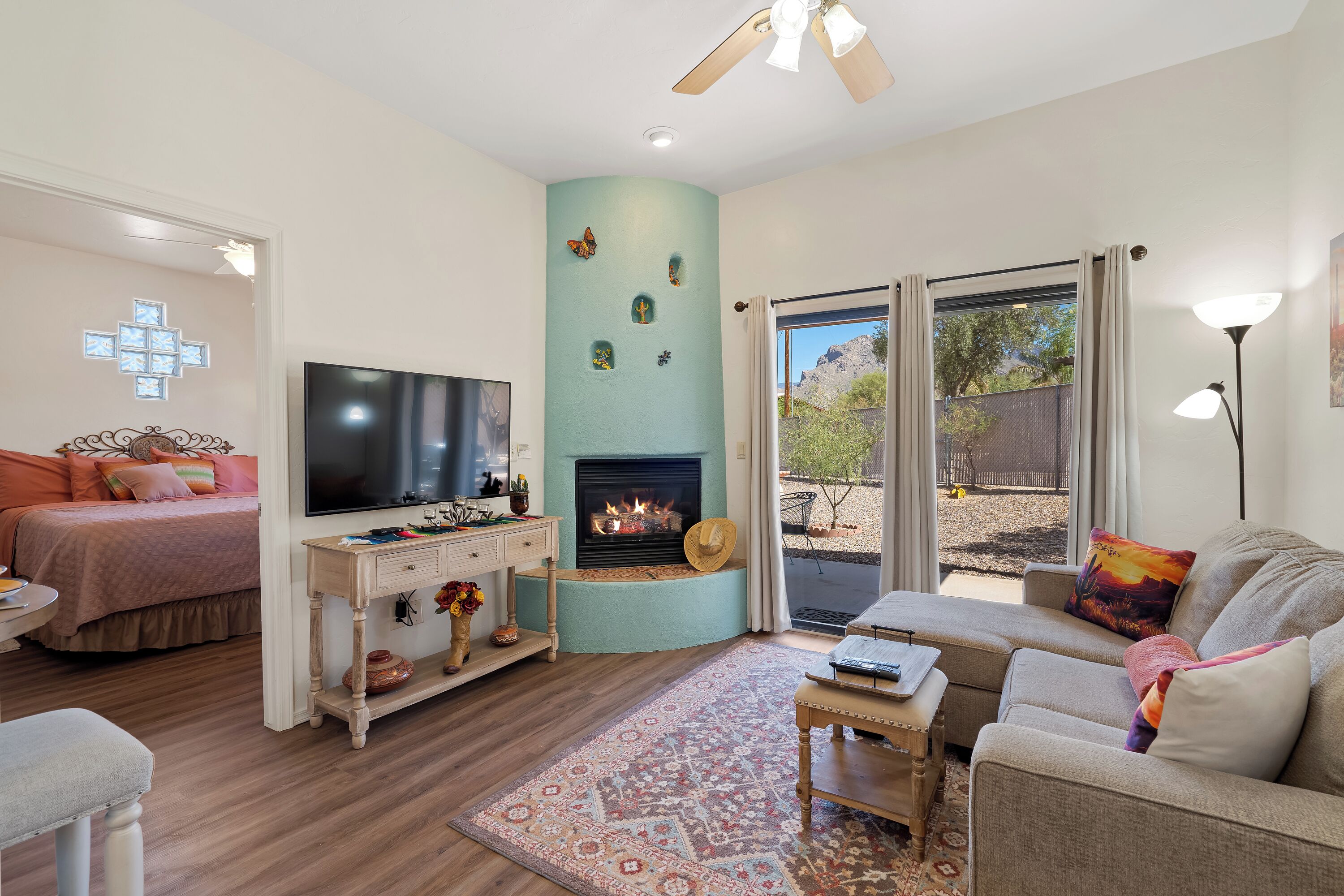 Smart TV, fireplace, books, music library
