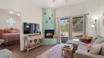 Smart TV, fireplace, books, music library