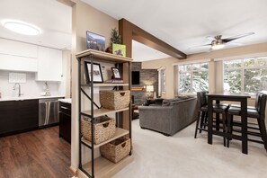 Smart TV, fireplace, Netflix, books