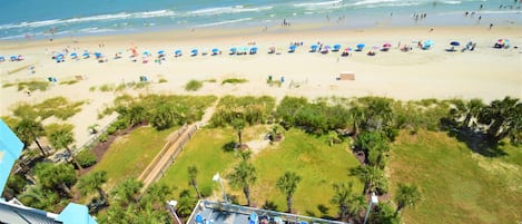 On the beach, sun loungers, beach towels