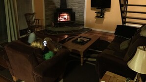 A cozy living room with a fireplace, a television mounted on the wall, and a comfortable seating area with a coffee table. - Lakeside barn wood cottage just remodeled with all the modern Conveniences! (Greentown, PA)