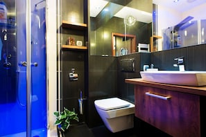 Bathroom features a glass-enclosed shower, toilet, and wooden vanity with a mirror.