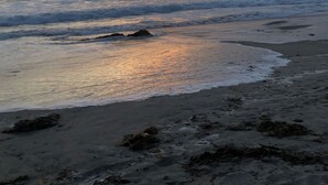 Una playa con olas y un atardecer.