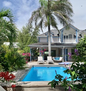 Une maison avec une piscine, entourée de plantes tropicales et d’un palmier.