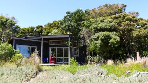A modern house with a glass facade, surrounded by native vegetation and trees.