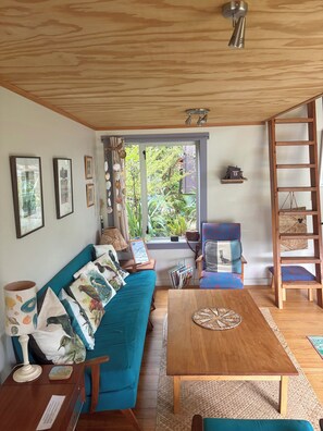 Chimenea, libros, biblioteca musical y estéreo 