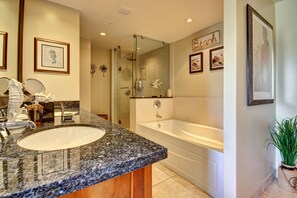 Bathtub, hair dryer, towels, soap - HOKULANI 436-CORNER UNIT 2BD/2BA w/OCEAN & MOUNTAIN VIEWS,505SQFT LANAI BALCONY  (Lahaina)