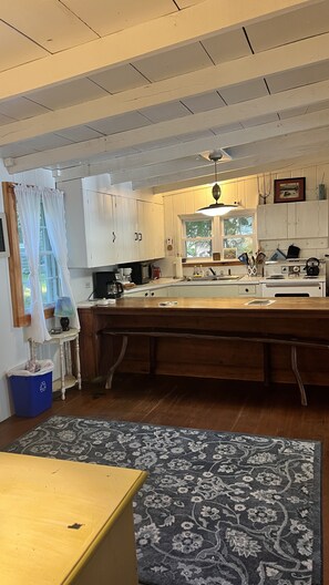 Fridge, microwave, oven, stovetop - The Wee White Cottage on Tripp Lake in Poland, Maine. (Poland)
