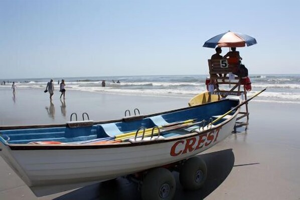 On the beach, sun loungers