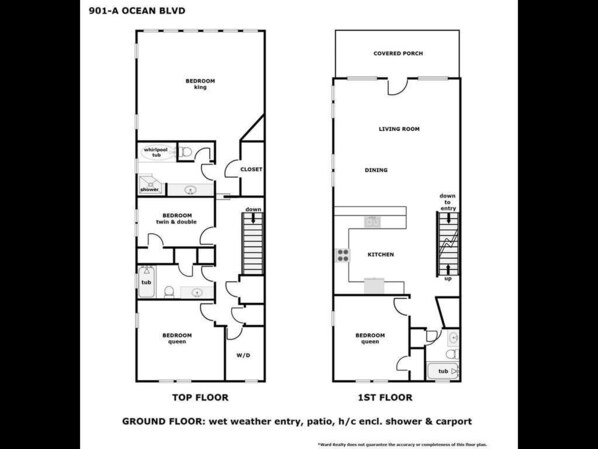 A floor plan of a 2-story house with a covered porch, a wet weather entry, patio, and a h/c enclosed shower and carport on the ground floor. - The Lazy Loggerhead - 4 BR Duplex w/ Great Covered Porch! (Topsail Beach)