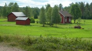 A rural landscape with two red barns and a tractor in a green field.