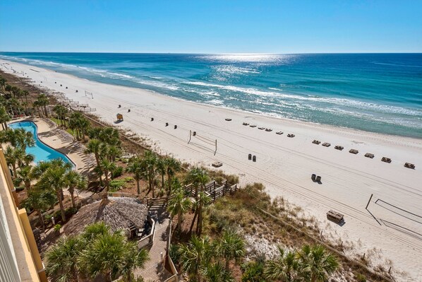 On the beach, sun loungers