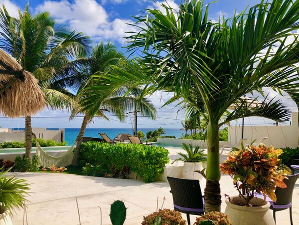 A tropical resort with a pool, palm trees, and a view of the ocean.