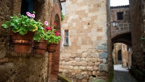 A narrow stone pathway flanked by buildings with arched windows and a rustic wall with hanging flower pots. - A unique luxury home, designer interiors, in a fairytale town (Civita di Bagnoregio)
