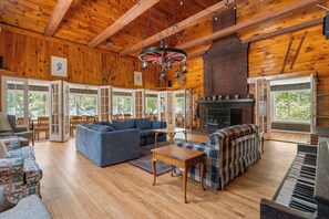 TV connectée, cheminée, lecteur de DVD, livres