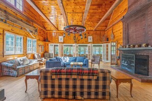 TV connectée, cheminée, lecteur de DVD, livres