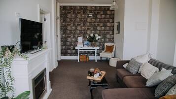 TV, fireplace, books