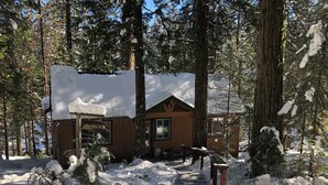 Una cabaña con techo nevado, rodeada de altos árboles y suelo cubierto de nieve.