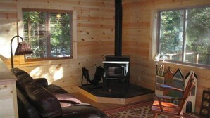 Interior acogedor de una cabaña con chimenea, un sofá de cuero y una alfombra estampada.