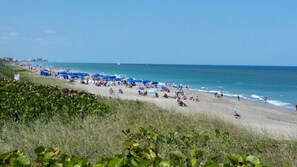 On the beach, sun-loungers, beach towels