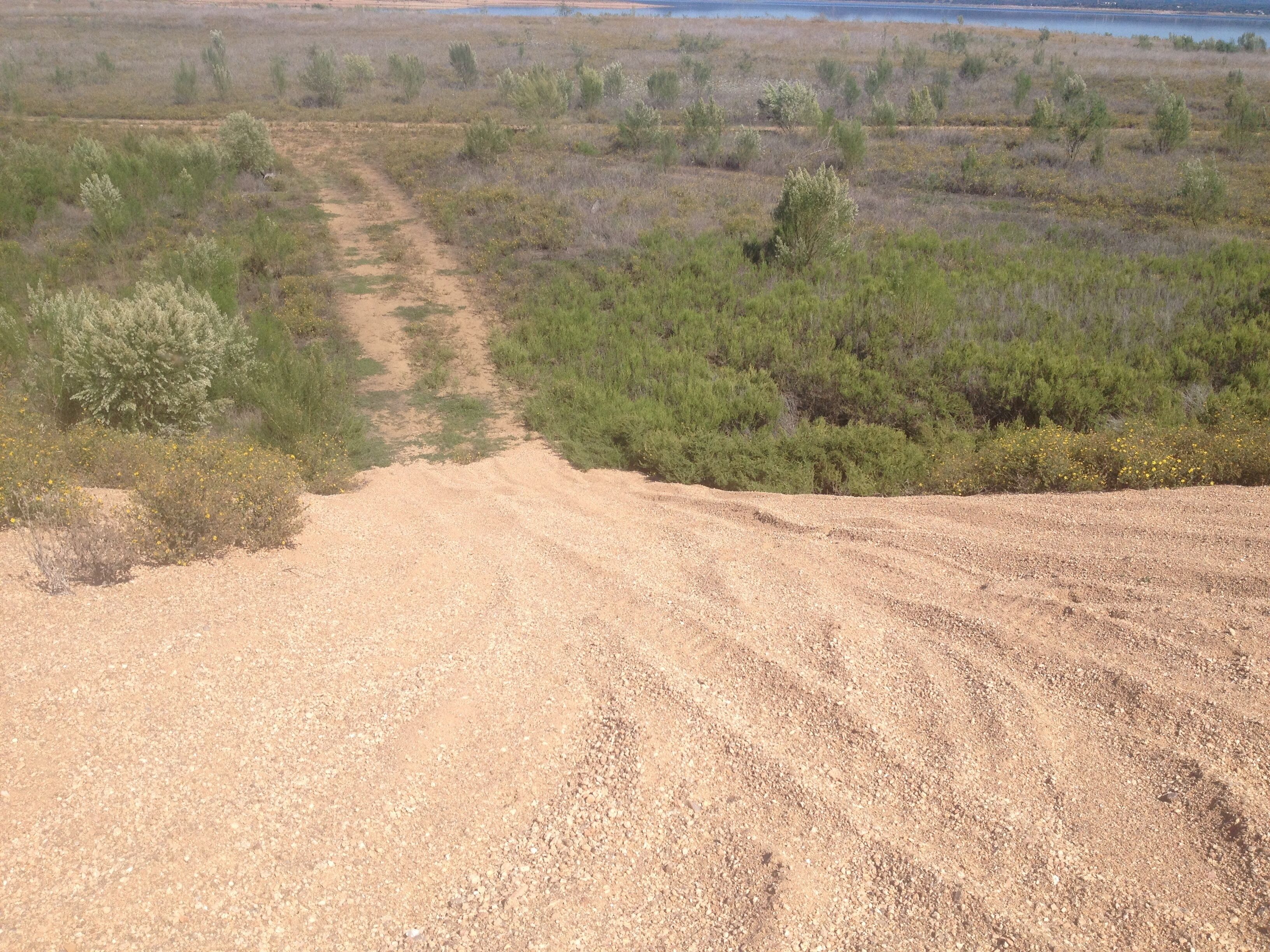 A dirt path leading through a dry, open landscape with sparse vegetation and a distant body of water.
