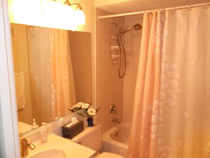 Combined shower/bathtub, hair dryer, towels, soap - Spacious one bedroom-one bath condo (Naples)
