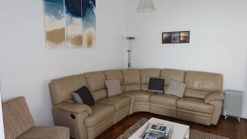 Een flatscreentelevisie, een dvd-speler, boeken en een filmbibliotheek