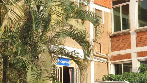 Un SUV blanco estacionado frente a un edificio con un letrero de recepción, un muro de piedra y una palmera.