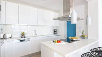Villa, Private Pool, Sea View | Private kitchen | Coffee/tea maker, fridge, microwave, oven