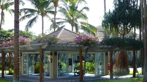 A covered outdoor area with a glass enclosure, palm trees, and a well-maintained lawn. - Quiet Top-floor Penthouse with Golf Course views, 2BR/2BA+Loft, Sleeps 6 (Puako)