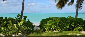 Beachfront one bedroom studio with full kitchen, covered porch and open deck.