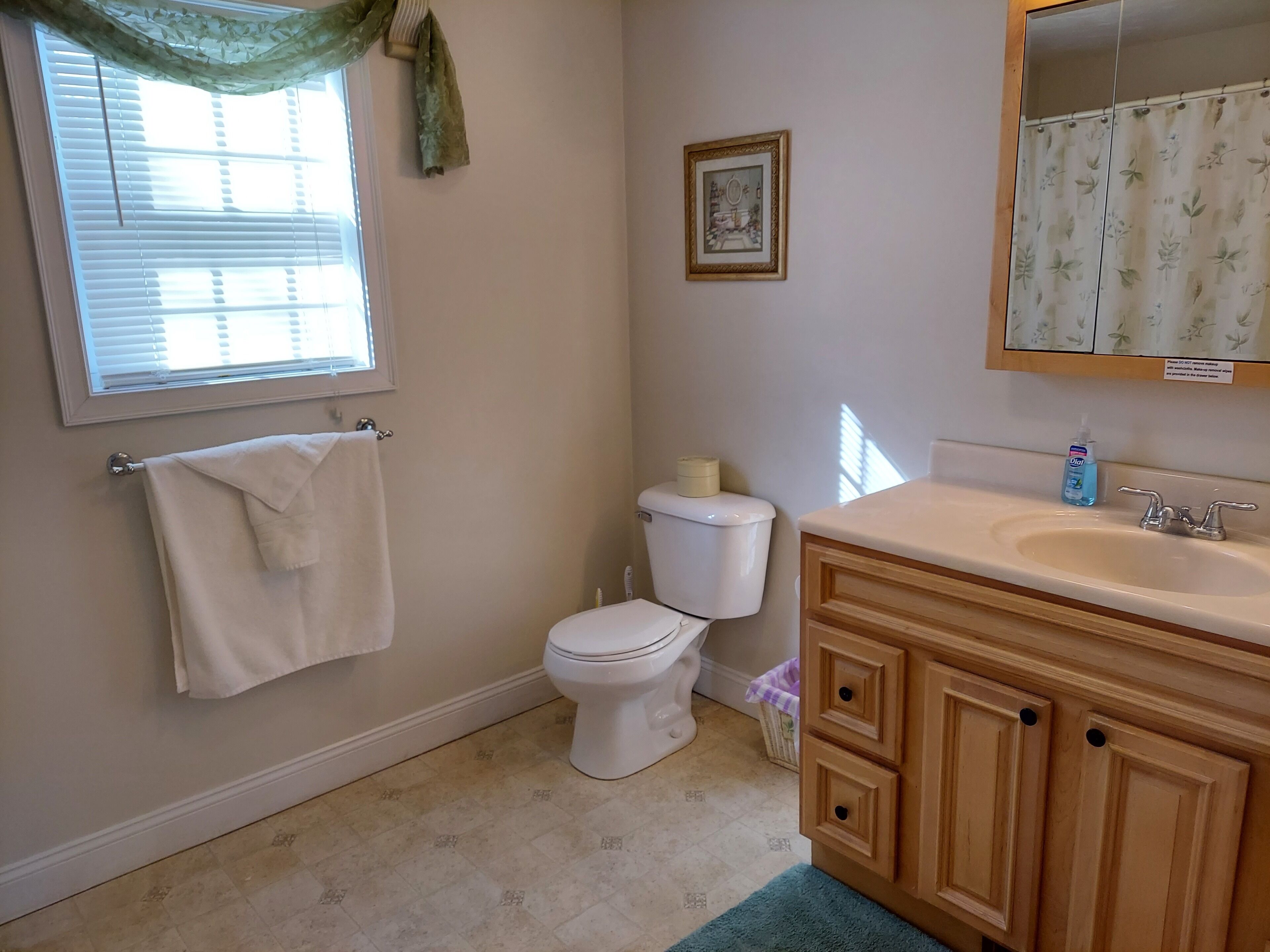 A bathroom with a toilet, sink, and a window with blinds.