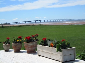 A deck with potted plants and a view of a bridge over water.