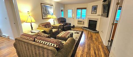Smart TV, fireplace, video games, DVD player