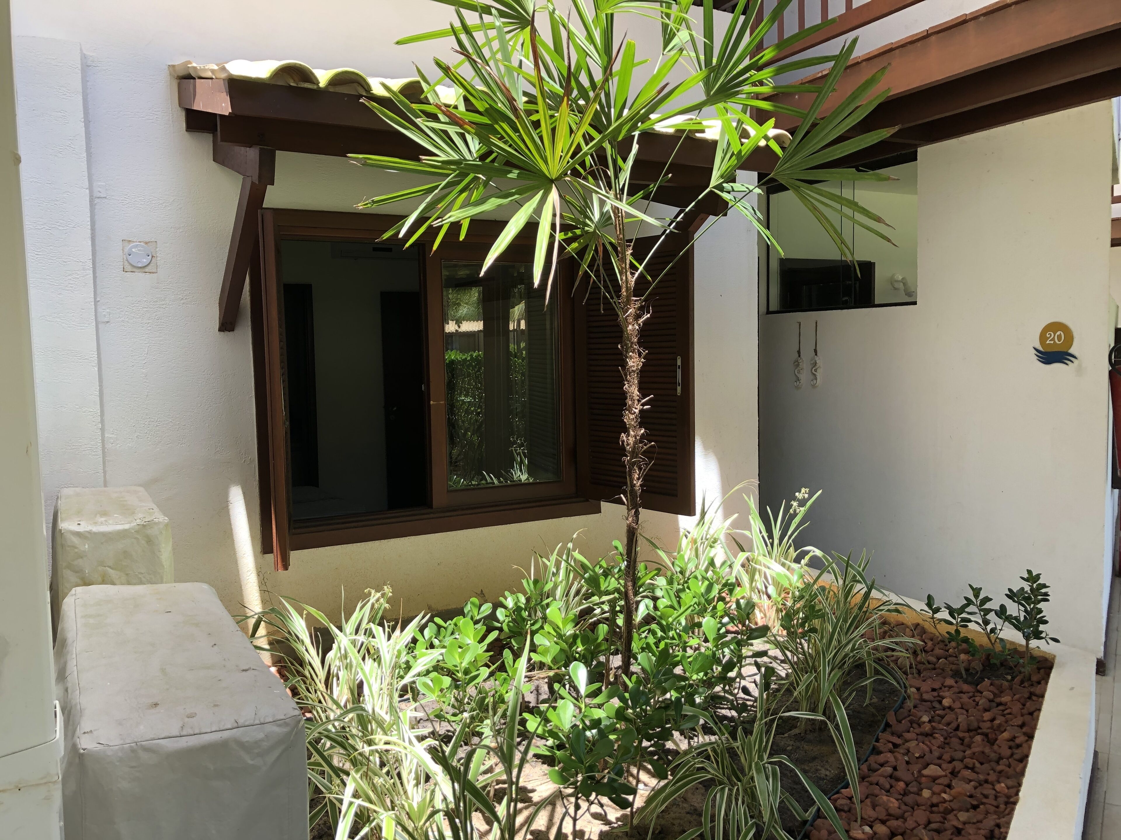 Ein kleiner Gartenbereich mit verschiedenen Pflanzen, einer Betonbank und einem Fenster mit braunen Rollläden.