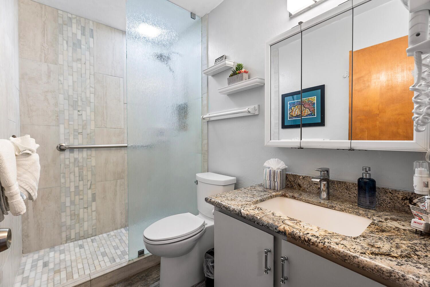 A modern bathroom with a glass shower enclosure, a toilet, a sink with a granite countertop, and a mirror with a wooden cabinet above it.