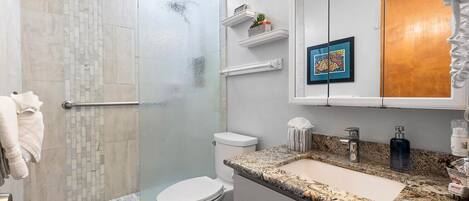 A modern bathroom with a glass shower enclosure, a toilet, a sink with a granite countertop, and a mirror with a wooden cabinet above it.