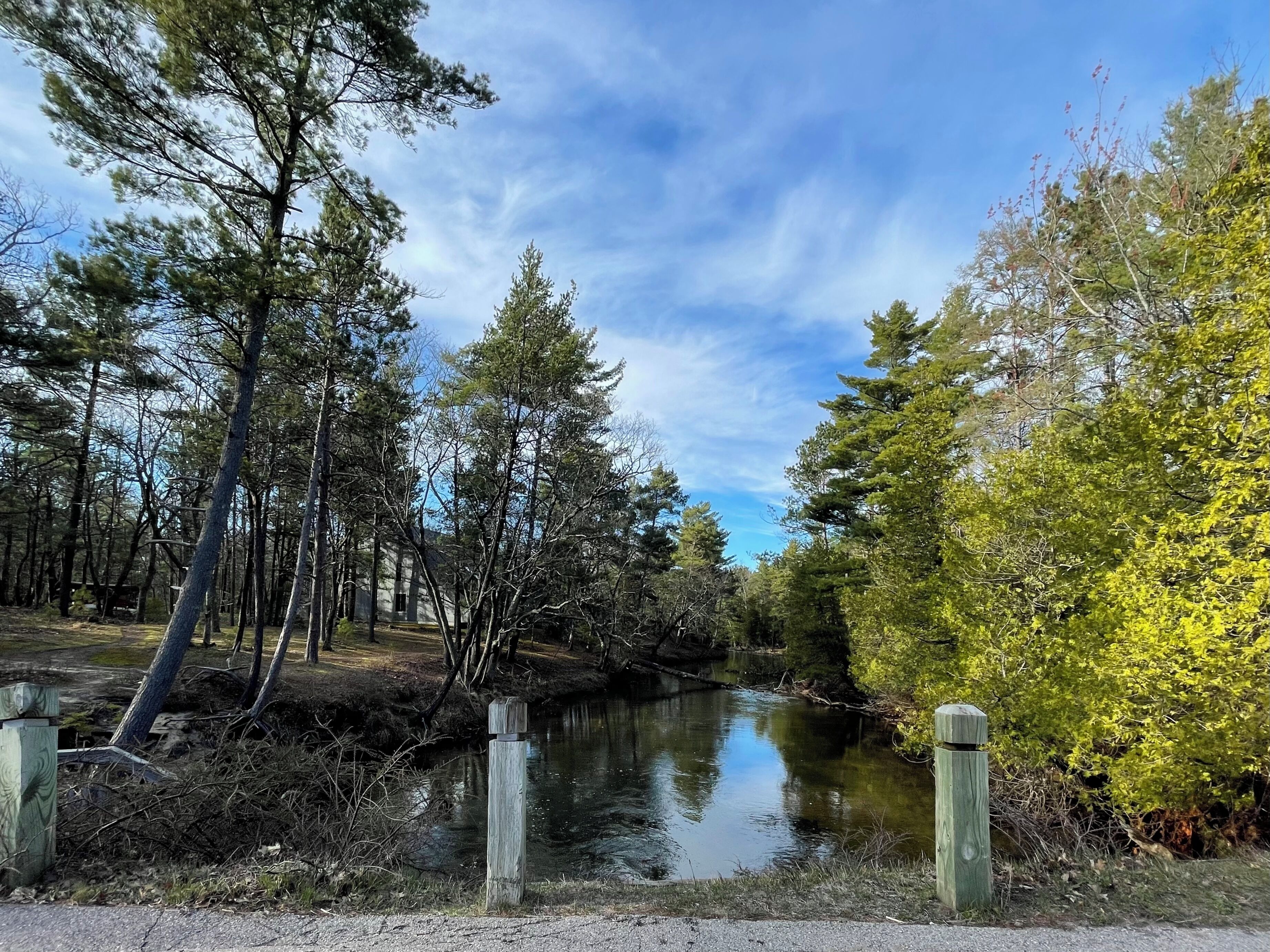 Paisaje natural con río, árboles y una valla de madera.
