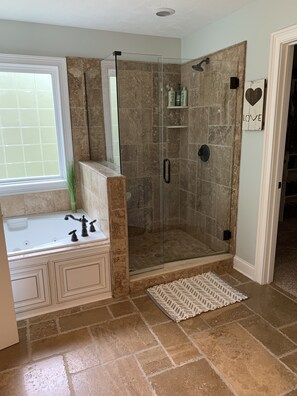 Combined shower/tub, jetted tub, hair dryer, towels