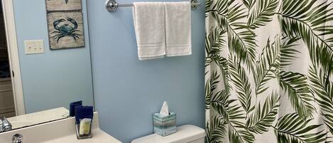 A bathroom with a toilet, sink, and shower curtain.