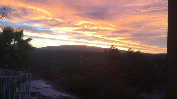 A sunset view from a balcony with a railing, overlooking a landscape with distant hills and red flowers.